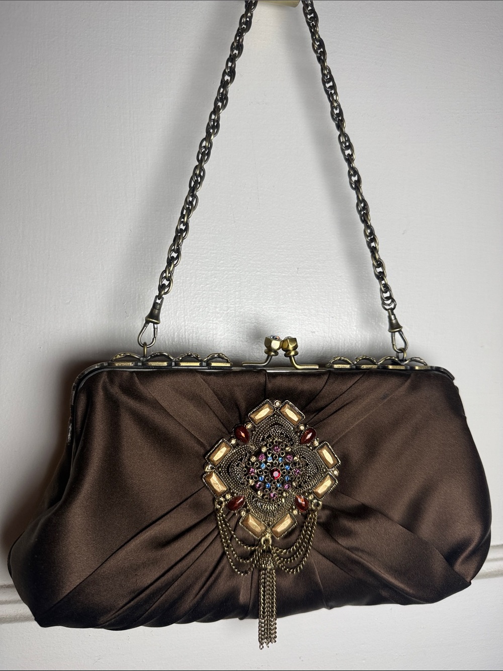 Vintage 90s Inge Christopher Brown Embellished Satin Evening Clutch